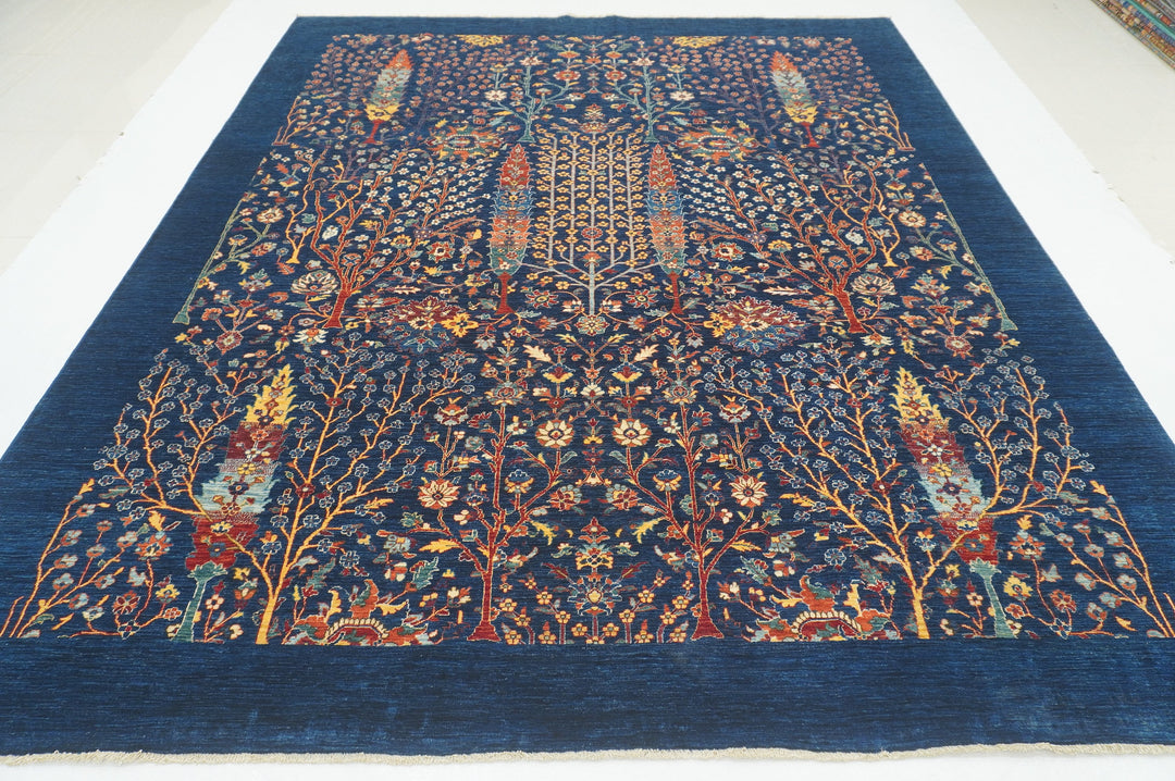 8x10 Navy Blue Cypress Tree Afghan Hand knotted Tree of life Rug - Yildiz Rugs