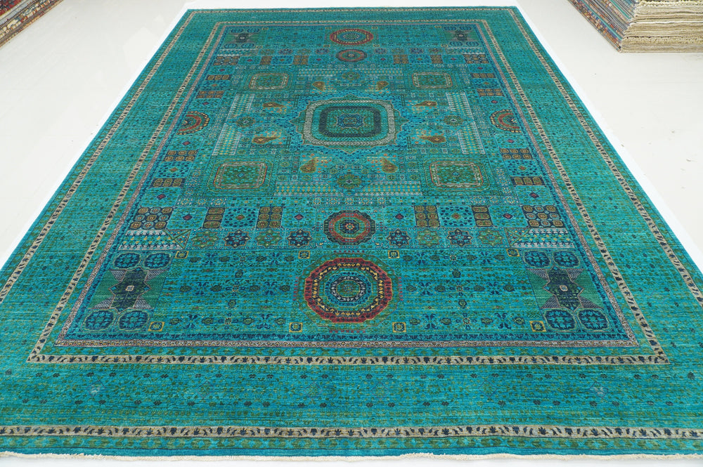 10x13 Turquoise Sky Blue Mamluk Turkish Fine Hand Knotted Medallion Rug - Yildiz Rugs