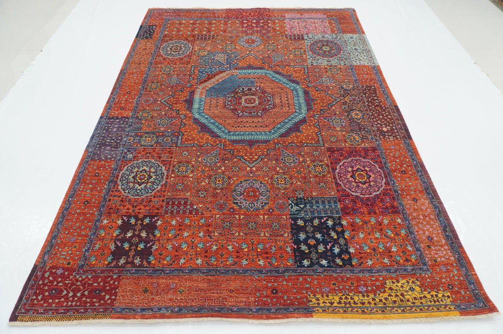 6x9 Orange Mamluk Turkish Hand Knotted Geometric Medallion Rug - Yildiz Rugs