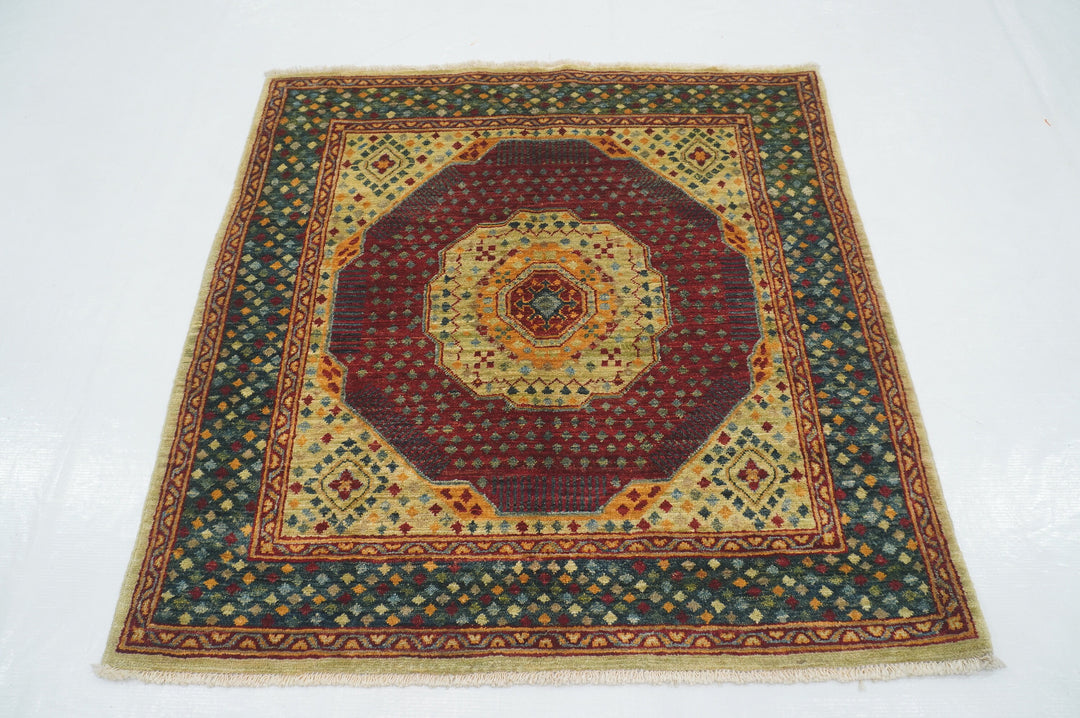 3x3 Green Turkish Mamluk Hand knotted Square Rug - Yildiz Rugs