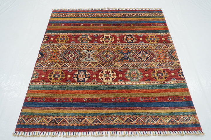 5x5 Red Tribal Gabbeh Afghan Hand knotted Striped Square Rug - Yildiz Rugs