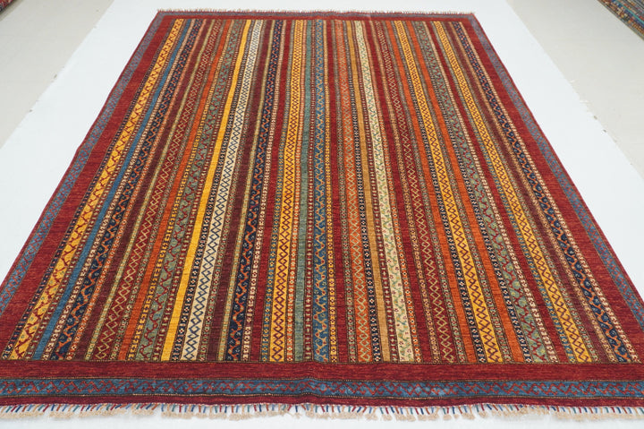 8x10 Red Turkish Shawl Pattern Hand Knotted Striped Rug - Yildiz Rugs