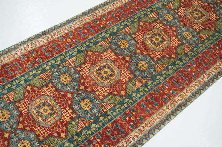 10 ft Green Mamluk Hand knotted Wool Medallion Runner Rug - Yildiz Rugs