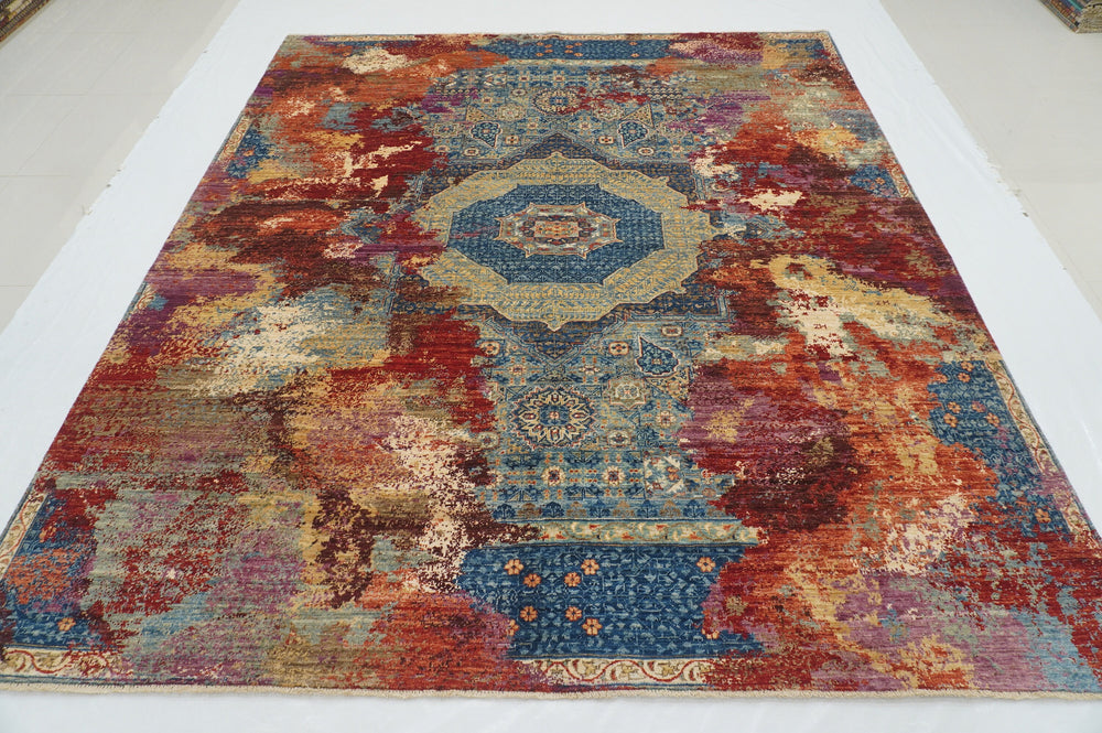 8x10 Blue Modern Mamluk Hand knotted Wool Abstract Medallion Rug - Yildiz Rugs