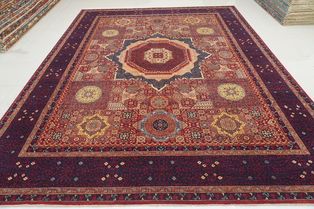 12x15 Red Turkish Mamluk Hand knotted Medallion Geometric Oversize Rug - Yildiz Rugs