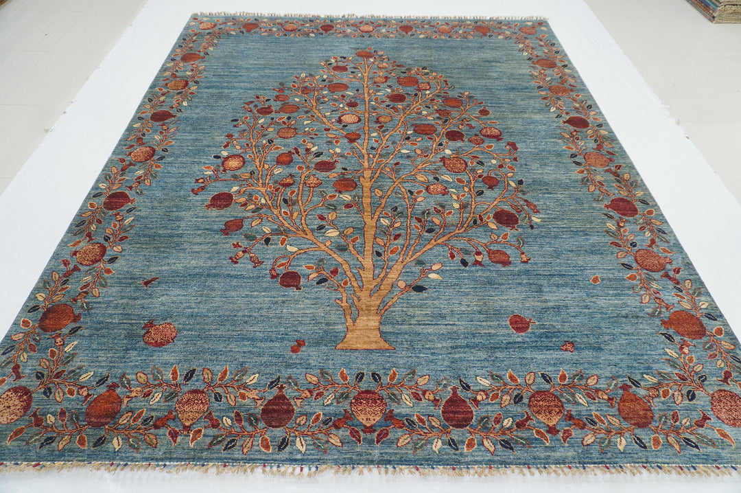 8x10 Blue Gabbeh Afghan Pomegranate Tree Of life Hand knotted Rug - Yildiz Rugs