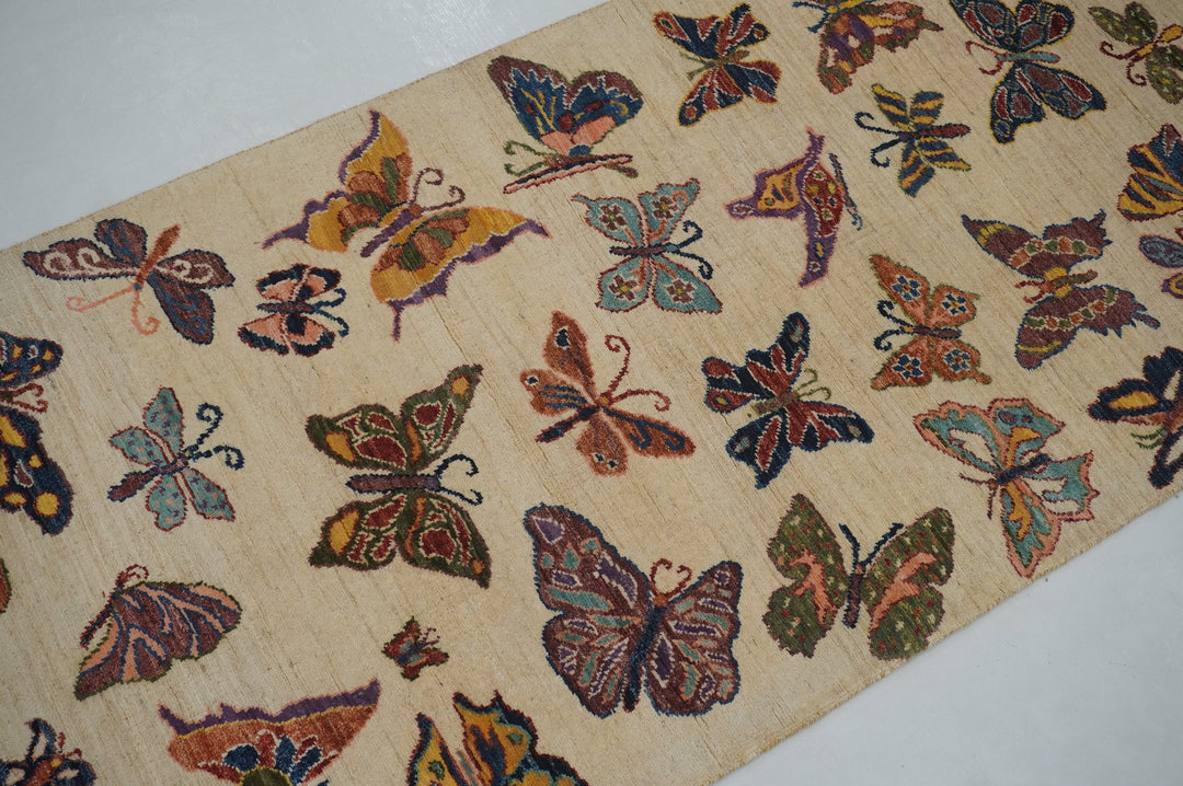 8 ft Beige Butterfly Afghan Hand knotted Runner Rug - Yildiz Rugs