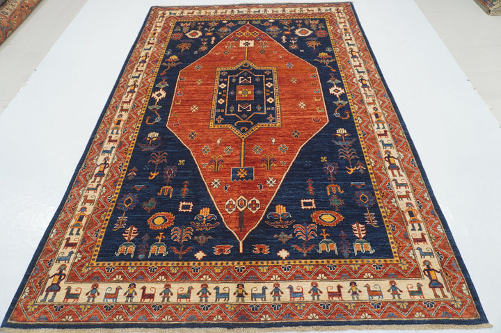 6x9 Red Navy Blue Tribal Gabbeh Afghan Nomad Qashqai Hand knotted Rug - Yildiz Rugs