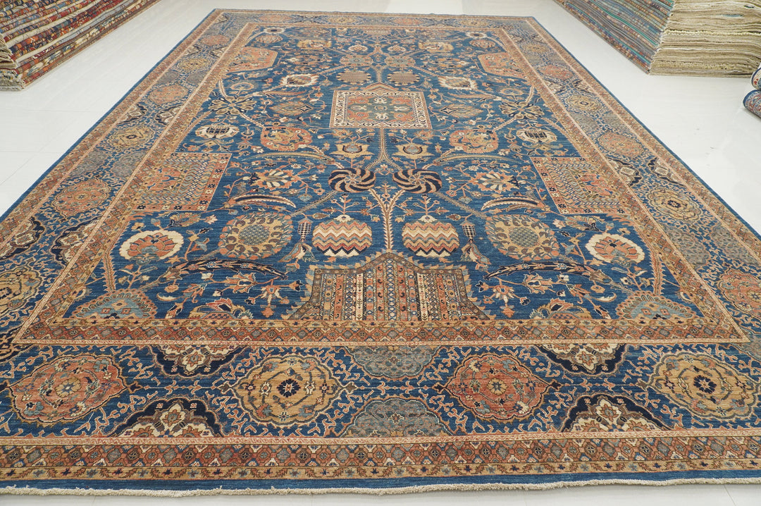 12x18 Blue Mughal Vintage Wash Afghan Hand knotted Oversize Rug - Yildiz Rugs