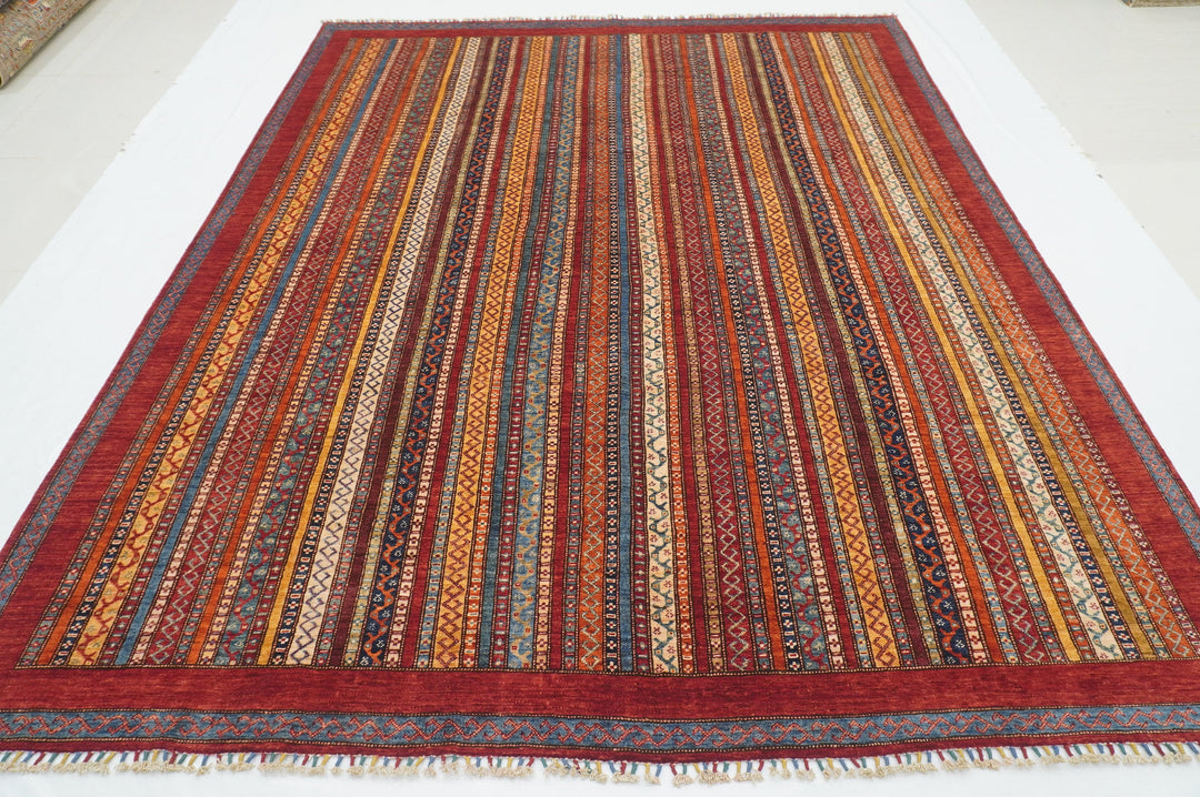 8x10 Red Turkish Shawl Pattern Hand Knotted Striped Rug - Yildiz Rugs