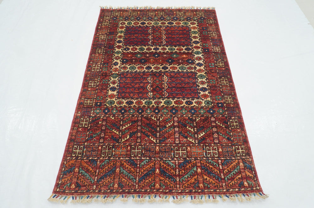 4x6 Red Pardeh Ersari Tribal Afghan hand knotted Rug - Yildiz Rugs