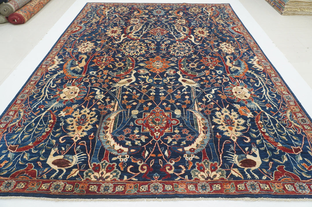 9x12 Navy Blue Bird Afghan Qashqai Hand knotted Oriental Rug - Yildiz Rugs