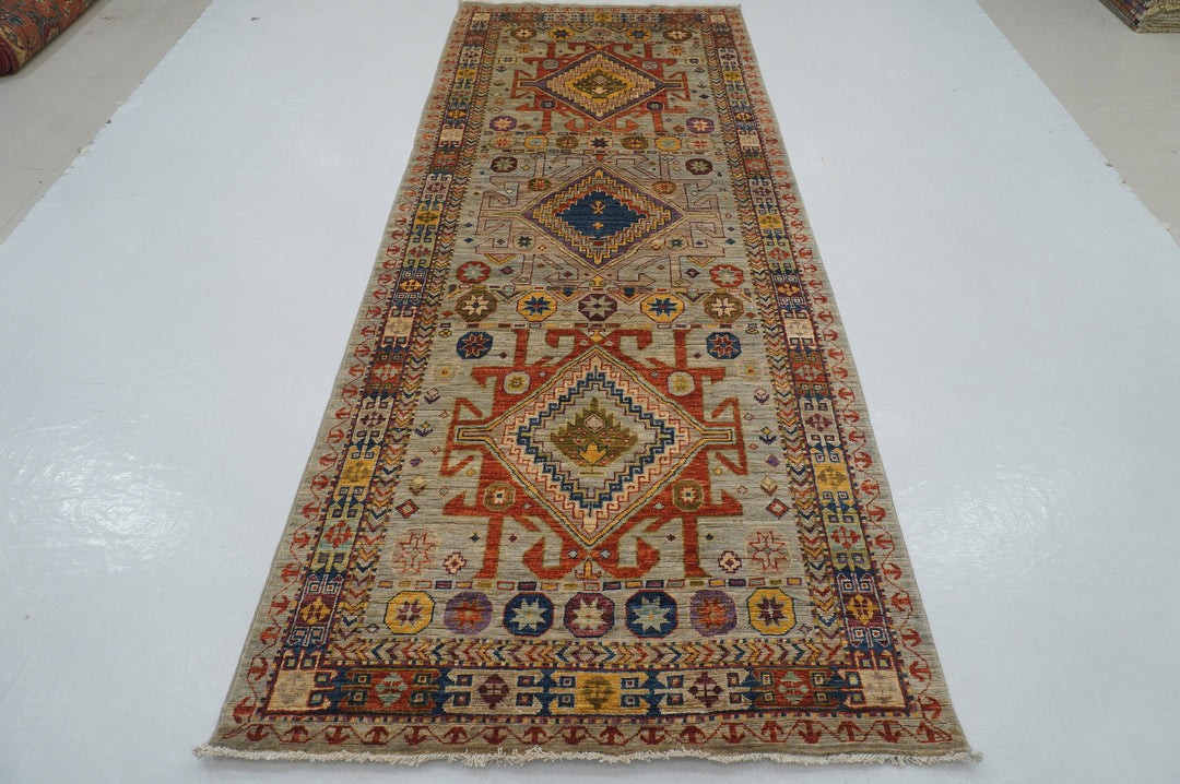 4x10 Gray Kazak Caucasian Afghan Hand knotted Wide Runner Rug - Yildiz Rugs