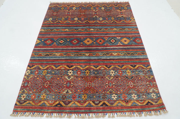 5x7 Red Afghan Afghan Hand knotted Geometric Tribal Rug - Yildiz Rugs