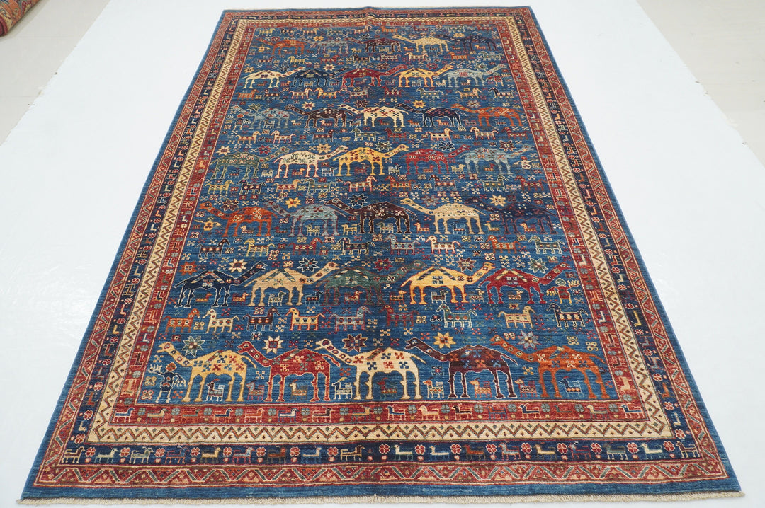 6x9 Navy Blue Tribal Gabbeh Nomadic Afghan Hand knotted Camel Animal Rug - Yildiz Rugs