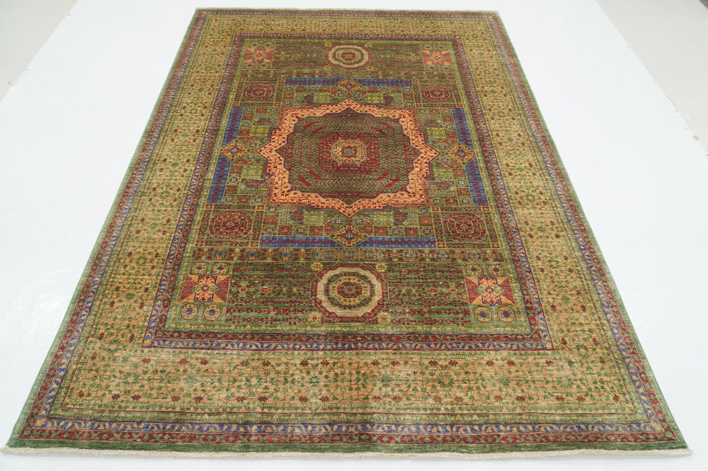 6x8 Green Mamluk Turkish Hand Knotted Geometric Medallion Rug - Yildiz Rugs