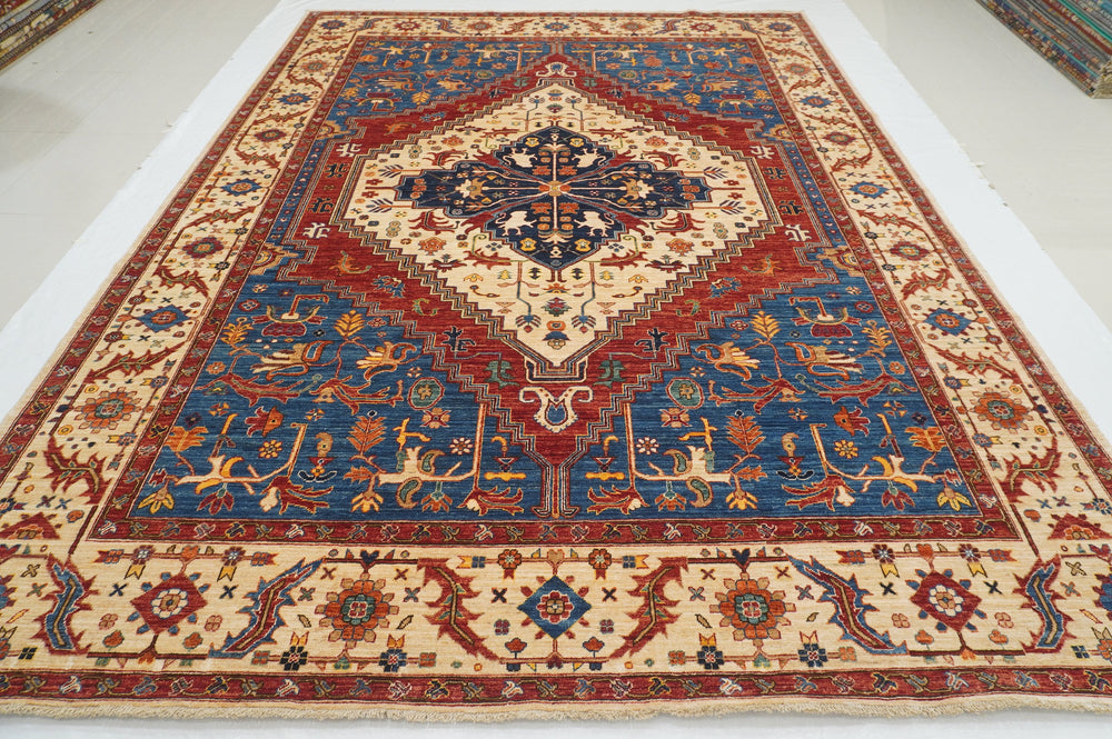 9x12 Serapi Beige Blue Afghan Hand Knotted Oriental Medallion Rug - Yildiz Rugs