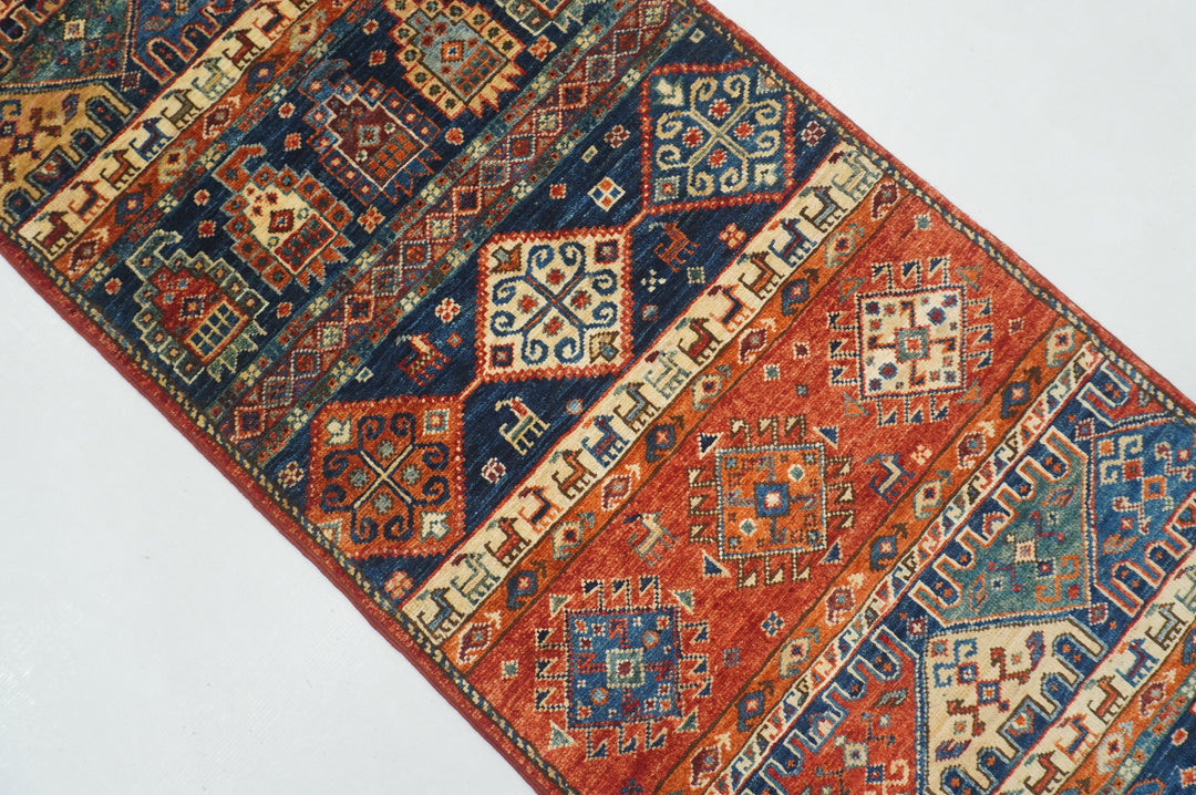 2x5 Blue Red Tribal Gabbeh Afghan Hand knotted Runner Rug - Yildiz Rugs