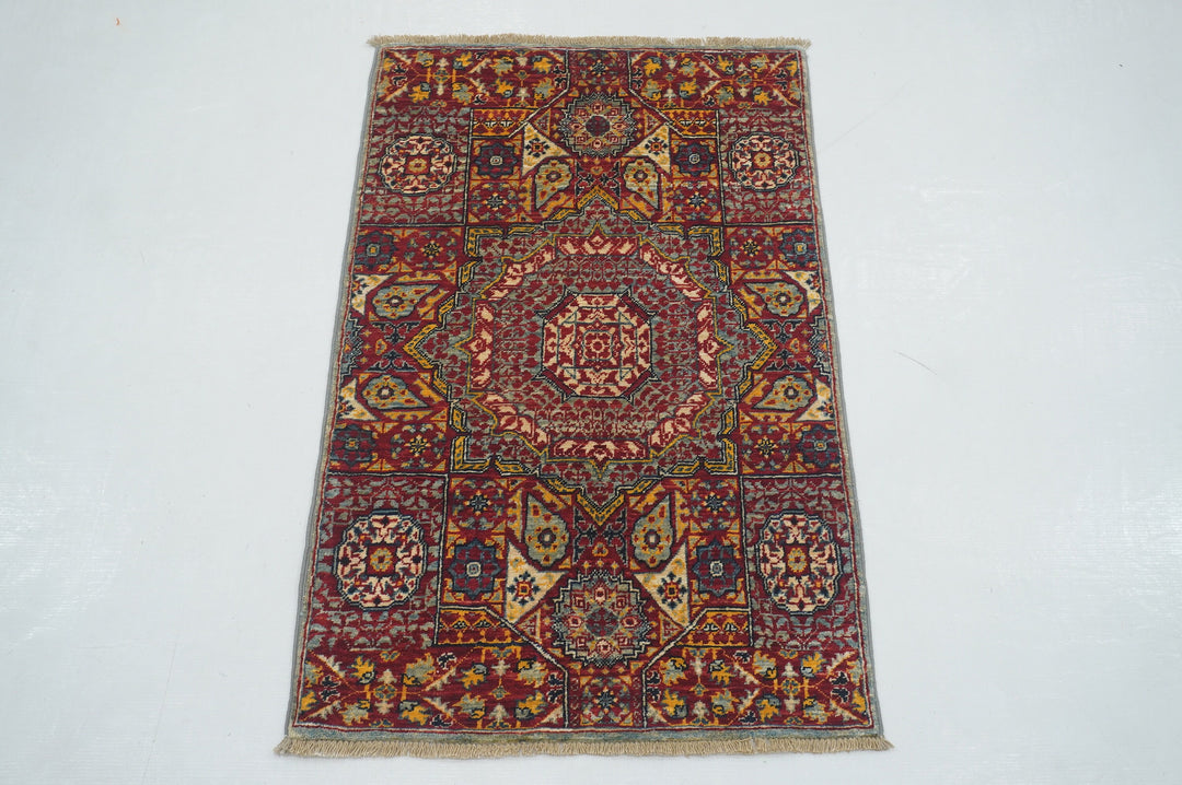 2x3 Red Turkish Mamluk Hand knotted Medallion Accent Rug