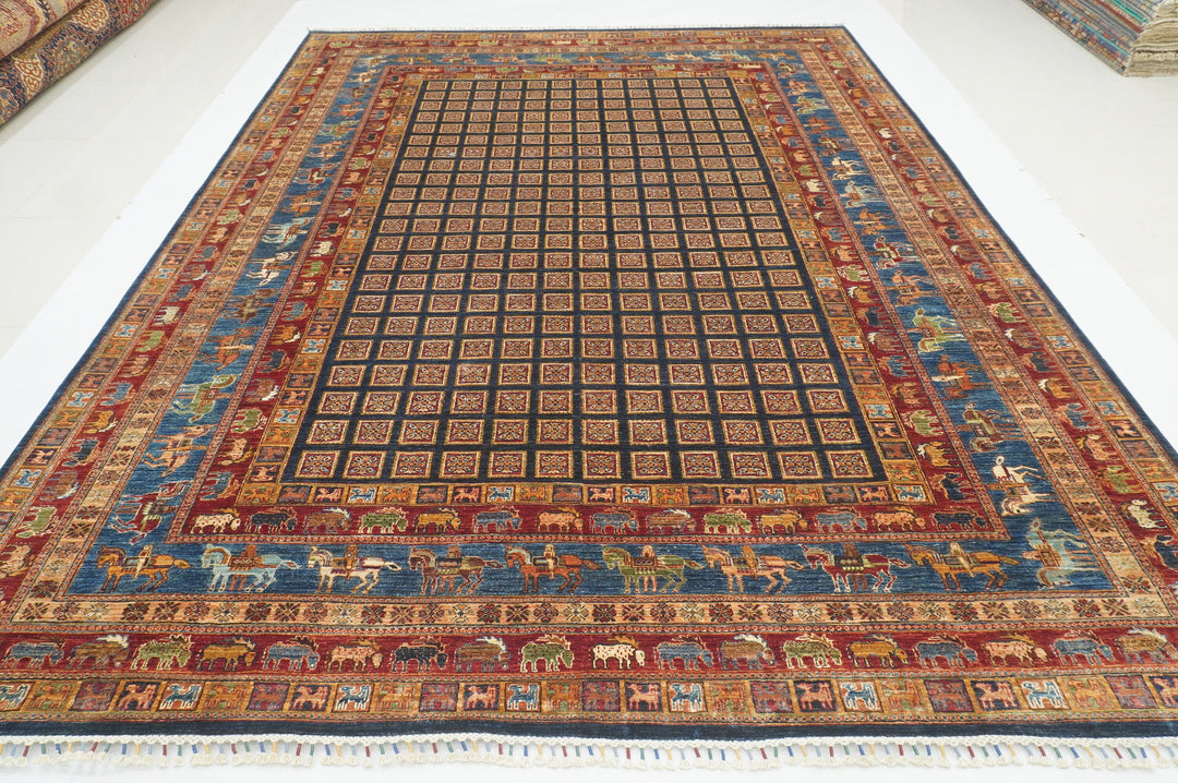 9x12 Blue Pazyryk Afghan Hand Knotted Rug - Yildiz Rugs