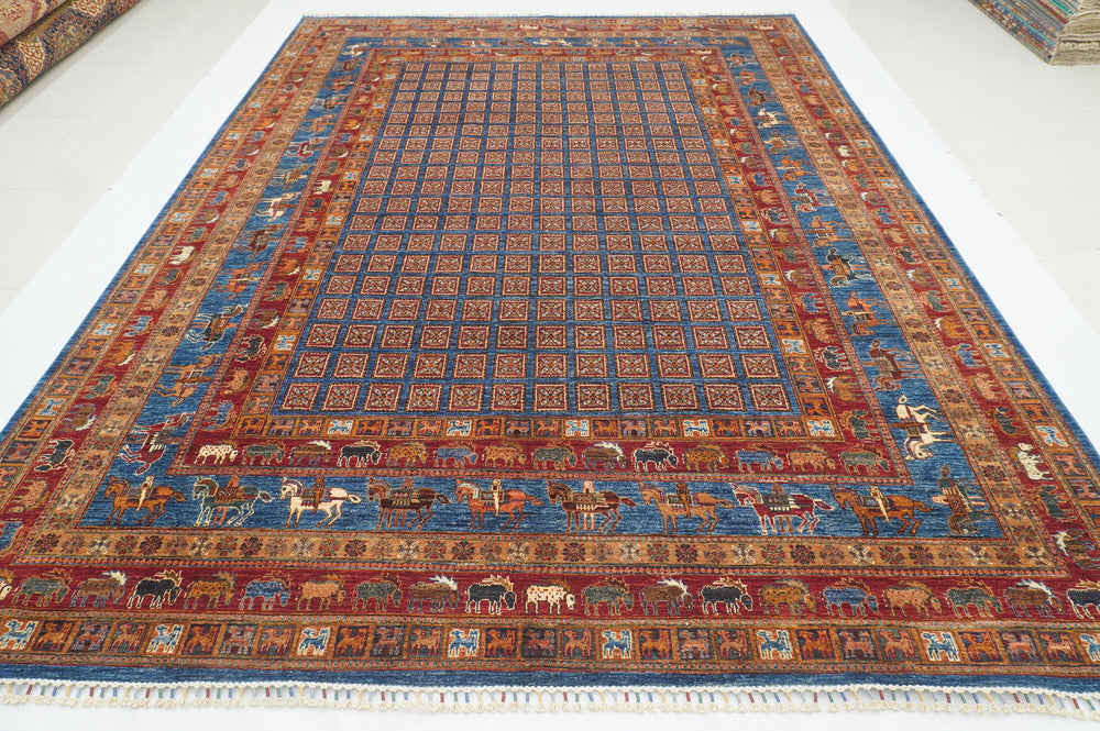 9x12 Blue Pazyryk Afghan Hand Knotted Animal Rug - Yildiz Rugs