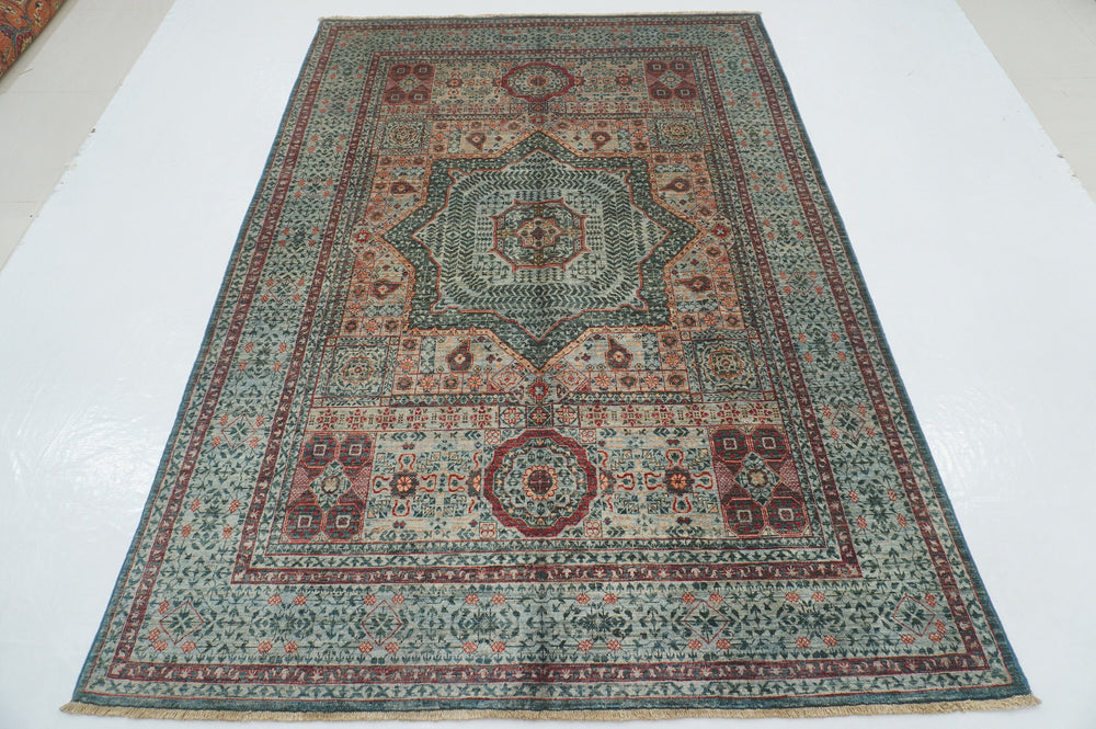 6x8 Muted Blue Green Mamluk Hand Knotted Turkish Medallion Rug - Yildiz Rugs