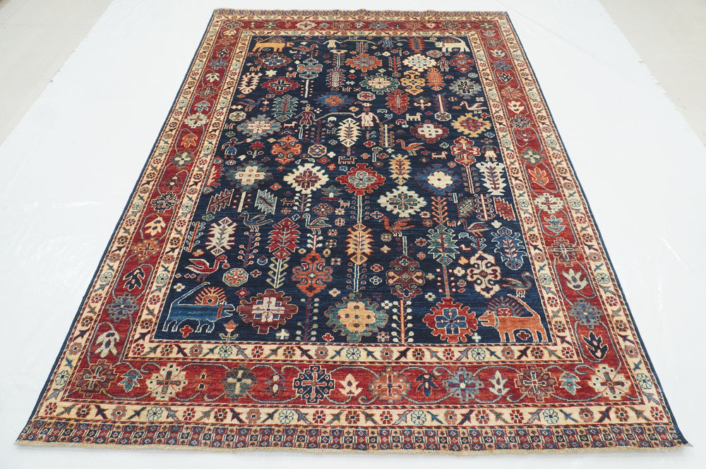 6x9 Navy Blue Tribal Qasqhai Afghan Hand Knotted Nomadic Oriental Rug - Yildiz Rugs