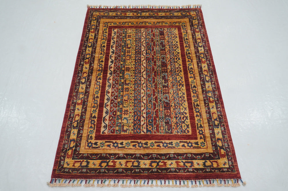 3x5 Red Turkish Shawl Pattern Hand Knotted Striped Rug - Yildiz Rugs