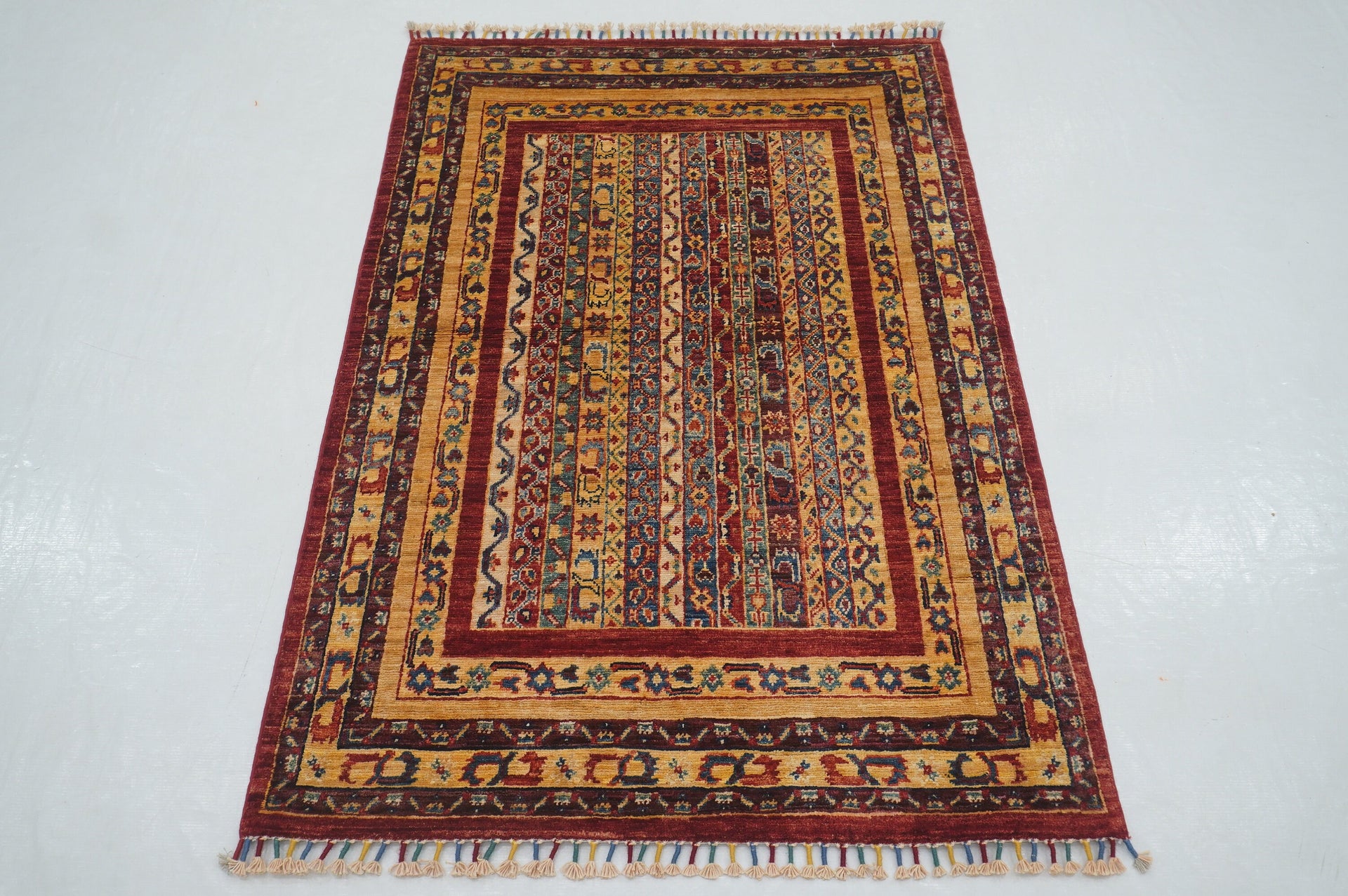 3x5 Red Turkish Shawl Pattern Hand Knotted Striped Rug - Yildiz Rugs
