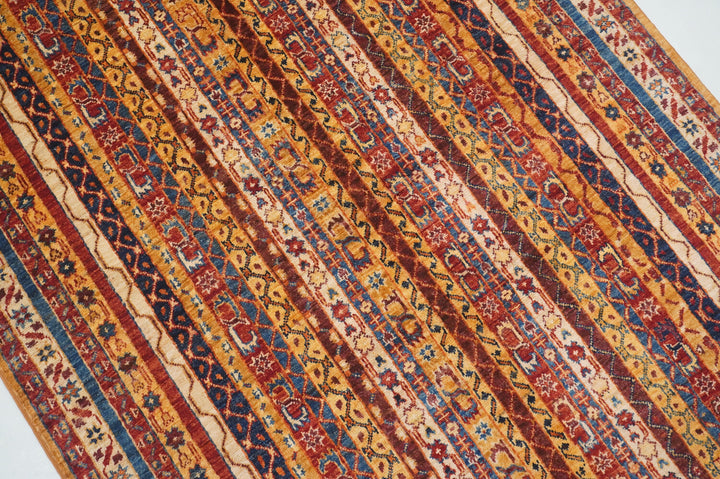 4x6 Orange Tribal Turkish Shawl Pattern Hand knotted Striped Rug - Yildiz Rugs