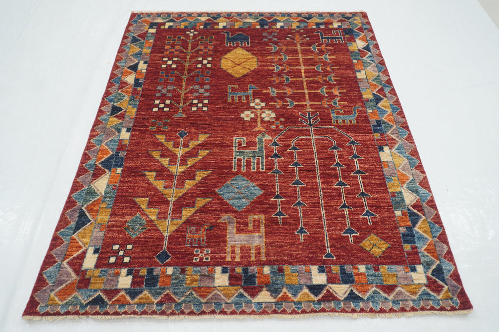 5x6 Red Gabbeh Afghan Hand knotted wool Rug - Yildiz Rugs