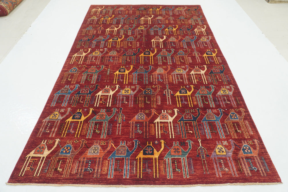 6x9 Red Gabbeh Camel Train Afghan Hand knotted Rug - Yildiz Rugs