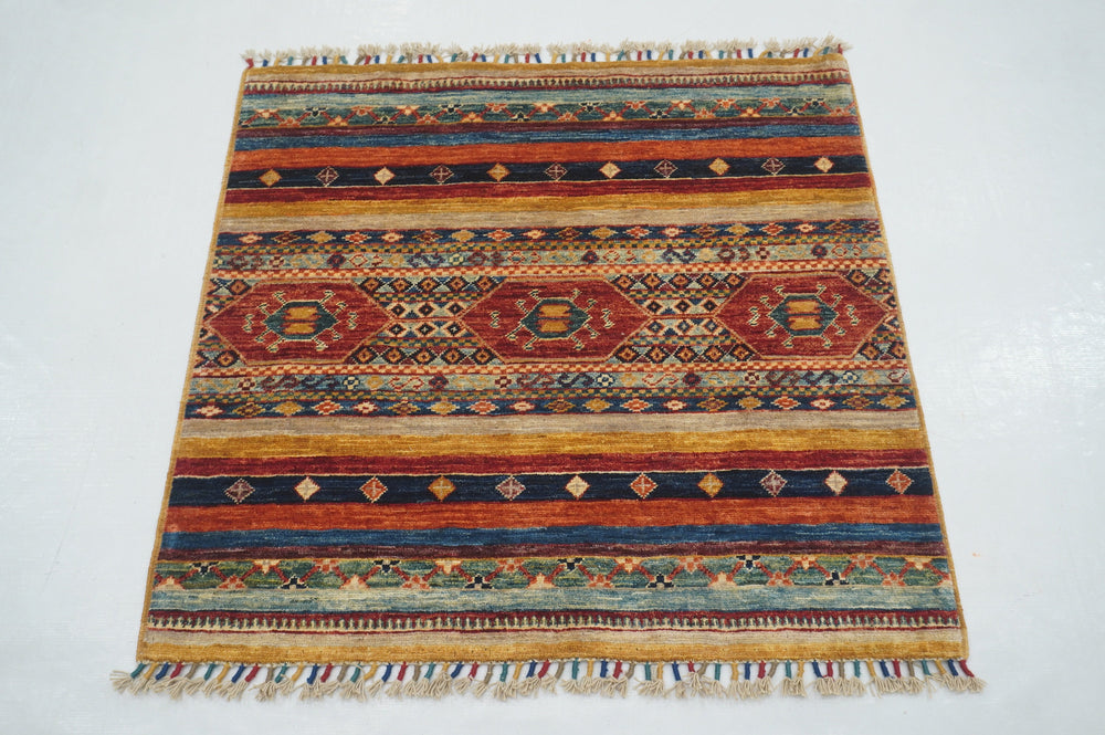 3x3 Tribal Square Multicolor Afghan Hand knotted Rug - Yildiz Rugs