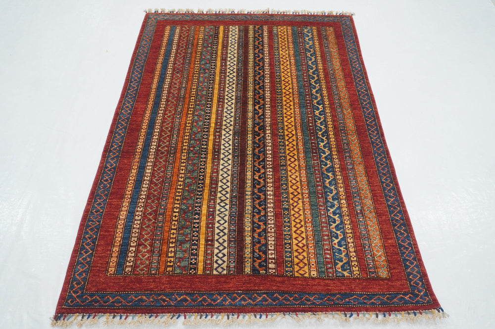 4x6 Red Turkish Shawl Pattern Handmade Striped Rug - Yildiz Rugs