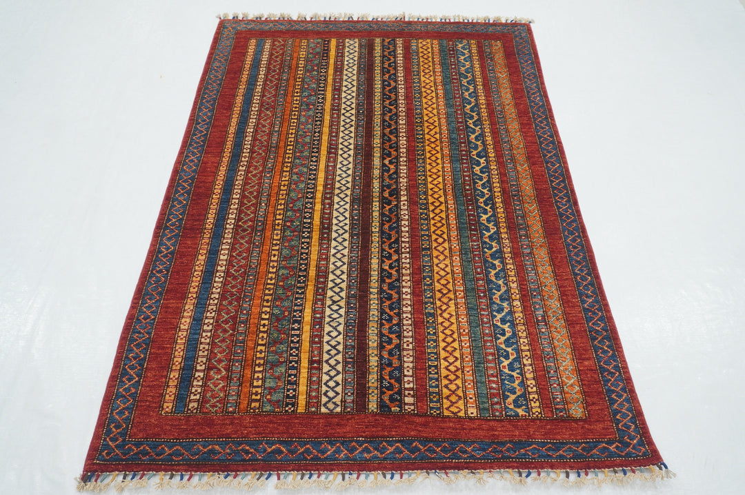 4x6 Red Turkish Shawl Pattern Handmade Striped Rug - Yildiz Rugs