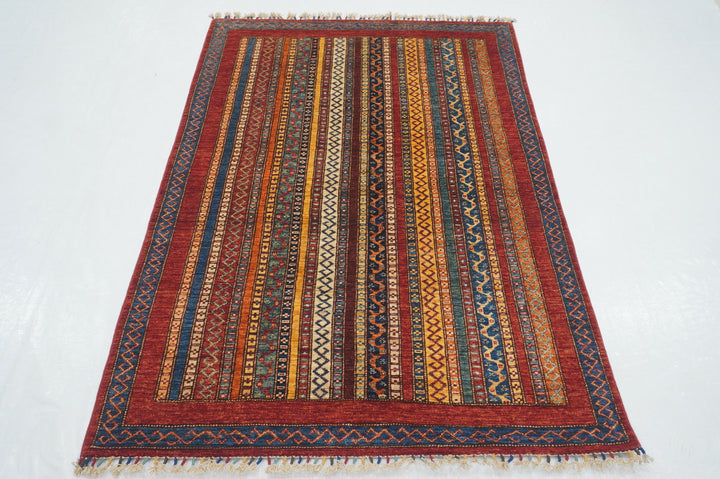 4x6 Red Turkish Shawl Pattern Handmade Striped Rug - Yildiz Rugs