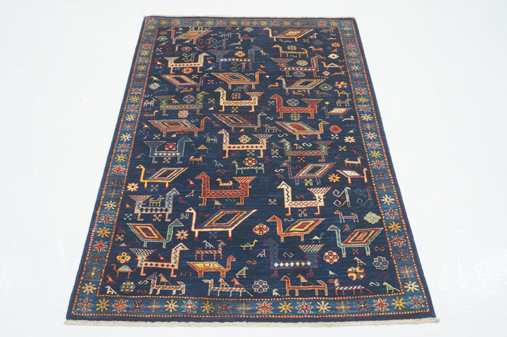 3x5 Navy Blue Tribal Gabbeh Animal Hand knotted Afghan Rug - Yildiz Rugs