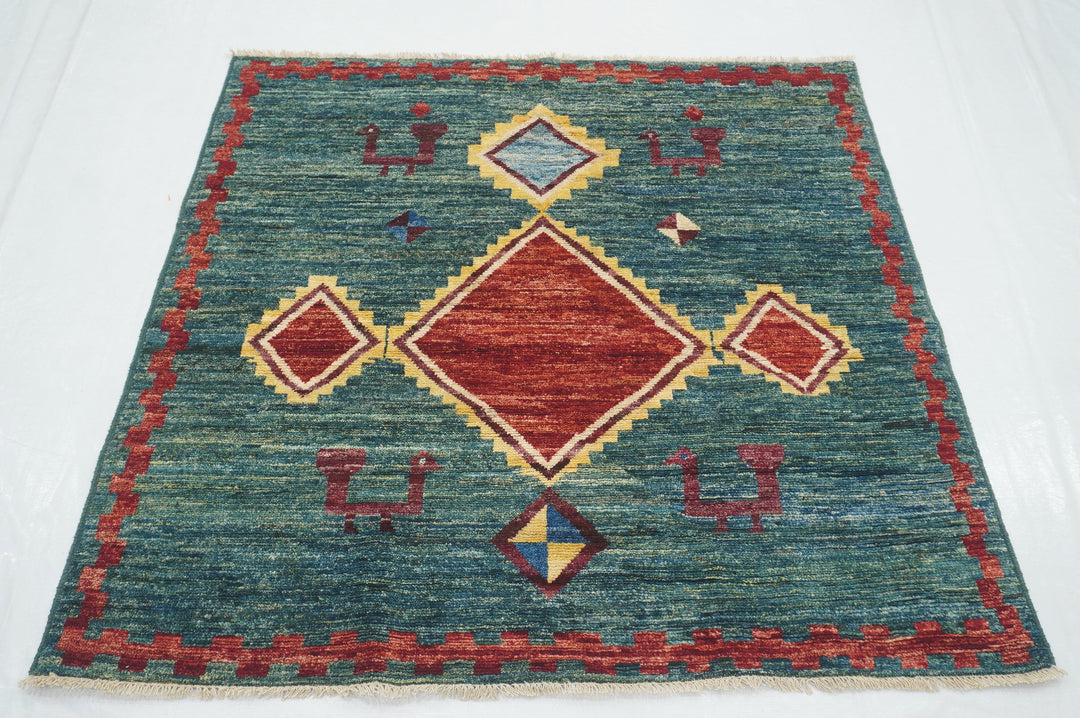 5x5 Green Gabbeh Afghan Hand knotted Square Rug - Yildiz Rugs