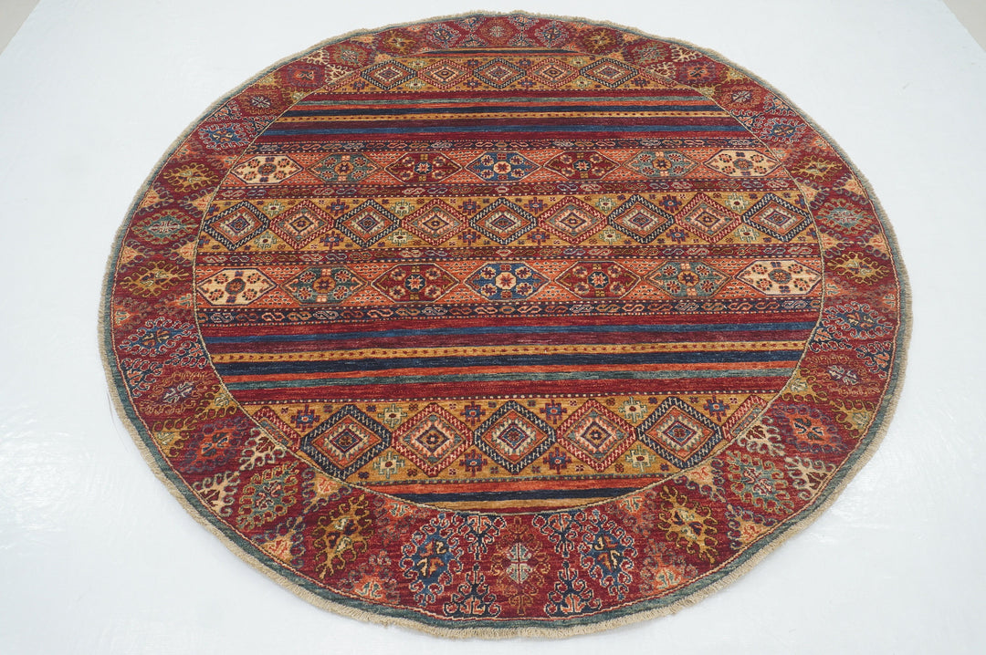 7x7 Red Round Afghan Hand knotted Wool Tribal Circle Rug - Yildiz Rugs