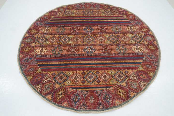 7x7 Red Round Afghan Hand knotted Wool Tribal Circle Rug - Yildiz Rugs