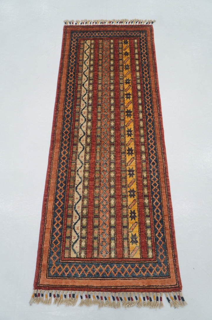 2x5 Red Turkish Shawl Striped Pattern Hand knotted Runner Rug - Yildiz Rugs