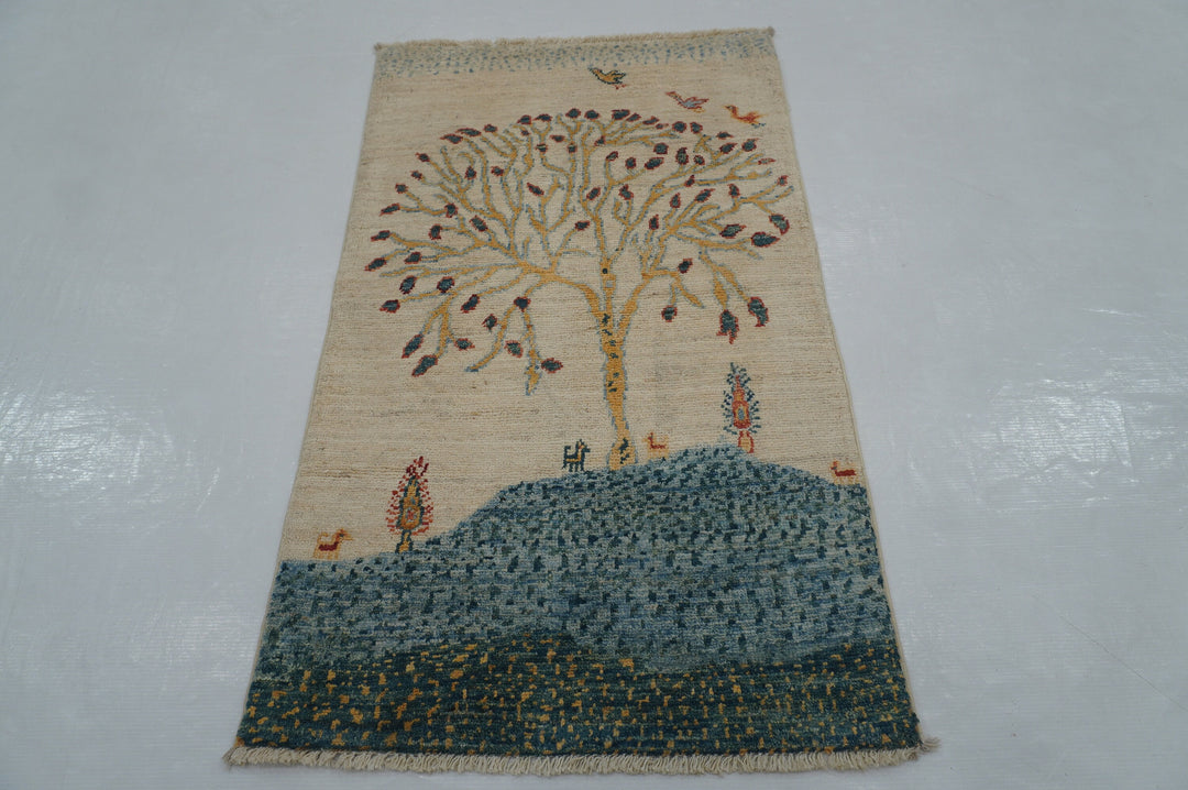 2x3 Beige Gabbeh Tree of Life Hand knotted Afghan Accent Rug - Yildiz Rugs