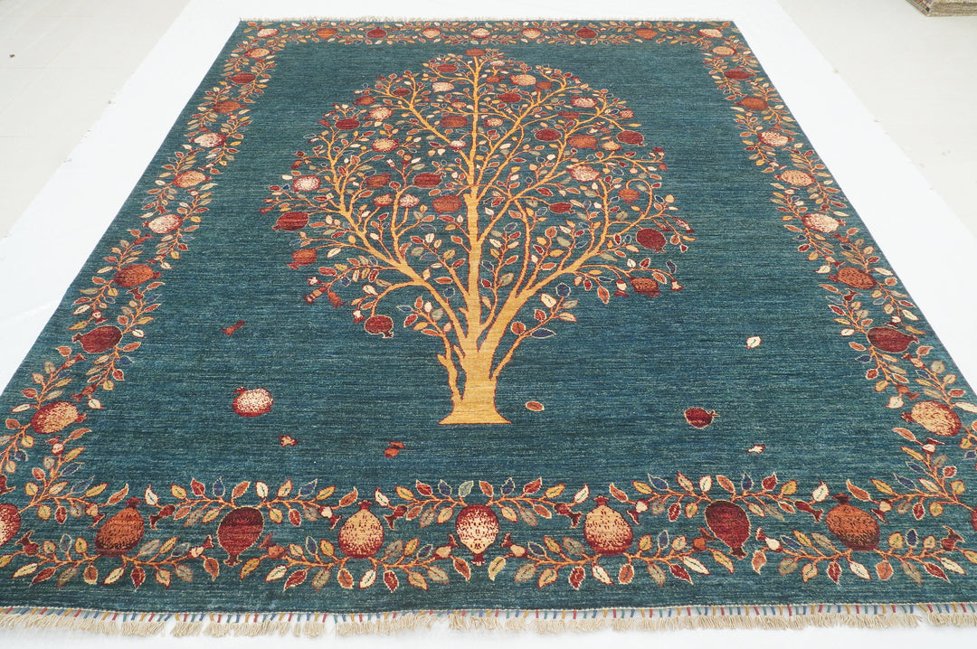 8x10 Greenish Blue Gabbeh Afghan Pomegranate Tree Of life Hand knotted Rug - Yildiz Rugs