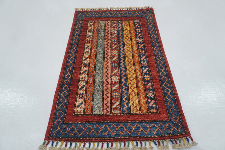 2x3 Red Tribal Turkish Shawl Pattern Hand knotted Accent Rug - Yildiz Rugs