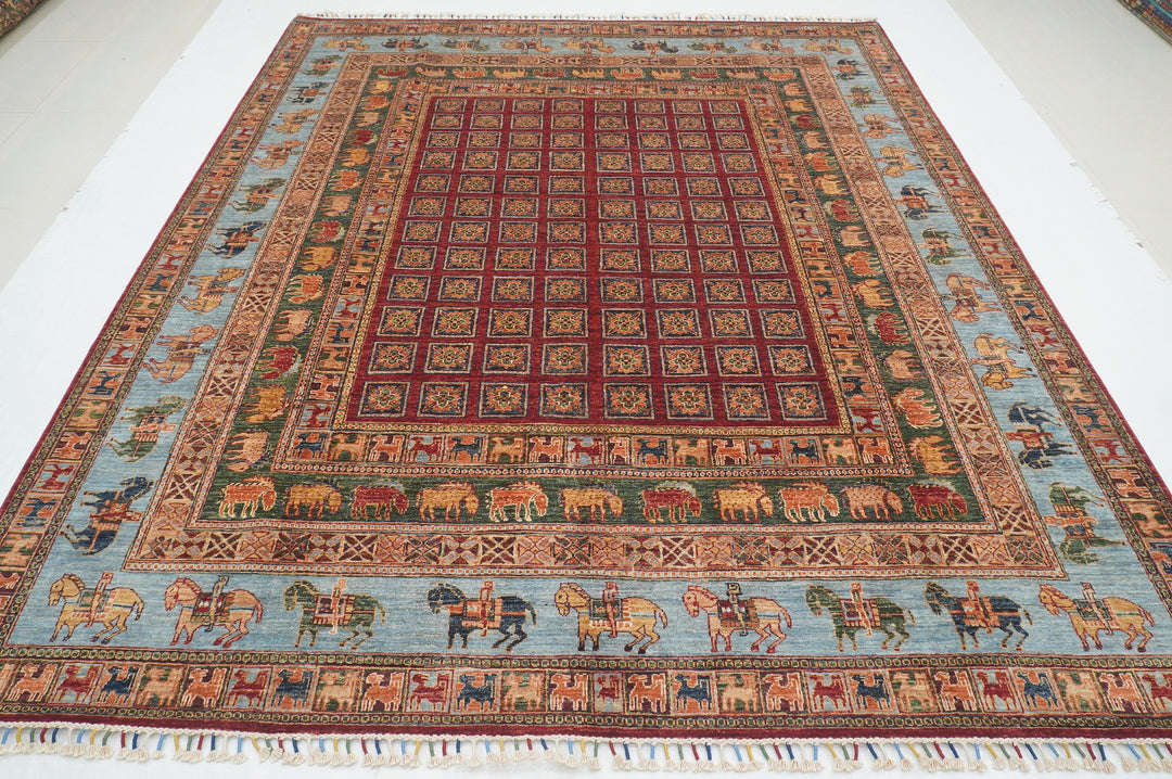 8x10 Red Blue Pazyryk Afghan Hand Knotted Rug - Yildiz Rugs