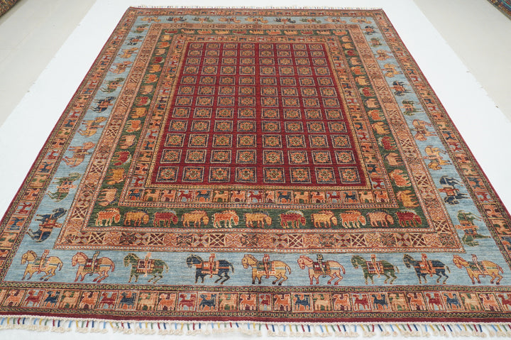 8x10 Red Blue Pazyryk Afghan Hand Knotted Rug - Yildiz Rugs