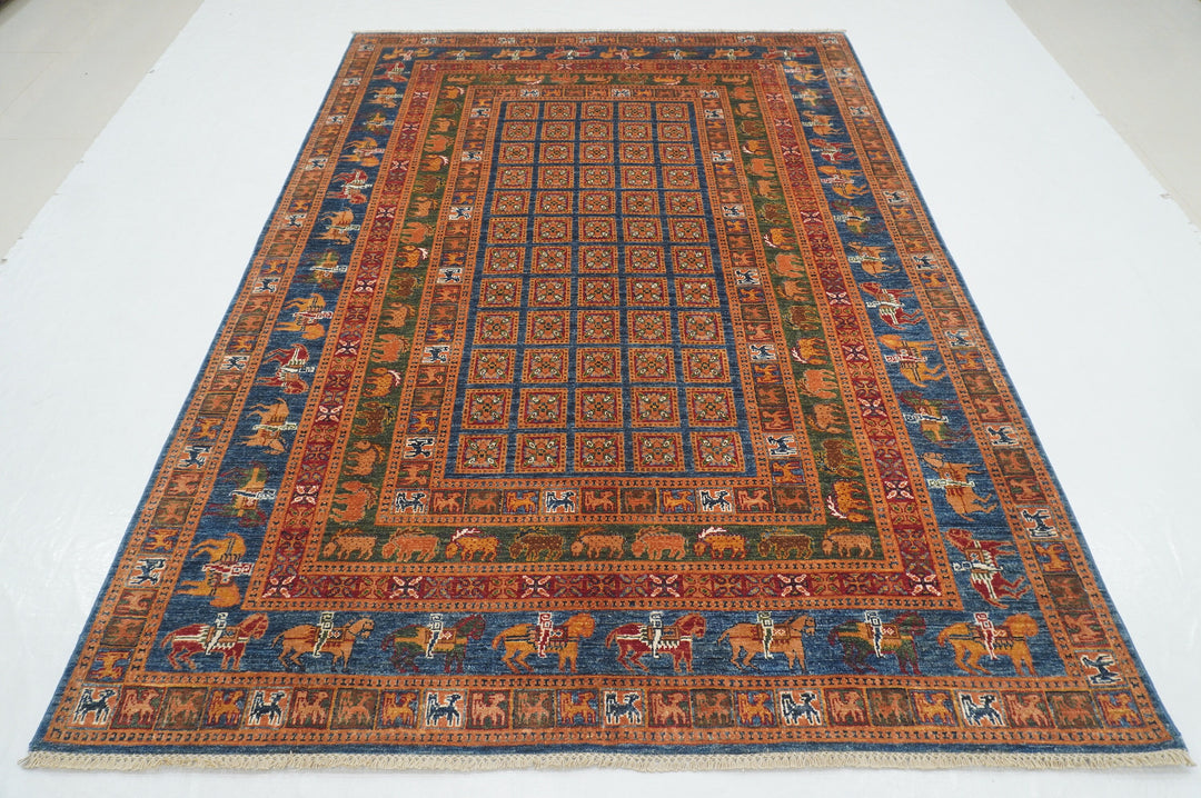 6x9 Blue Pazyryk Afghan Hand Knotted Rug - Yildiz Rugs