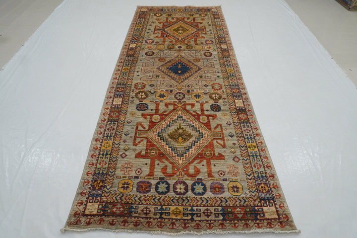 4x10 Gray Wide Kazak Tribal Afghan Hand knotted Runner Rug - Yildiz Rugs