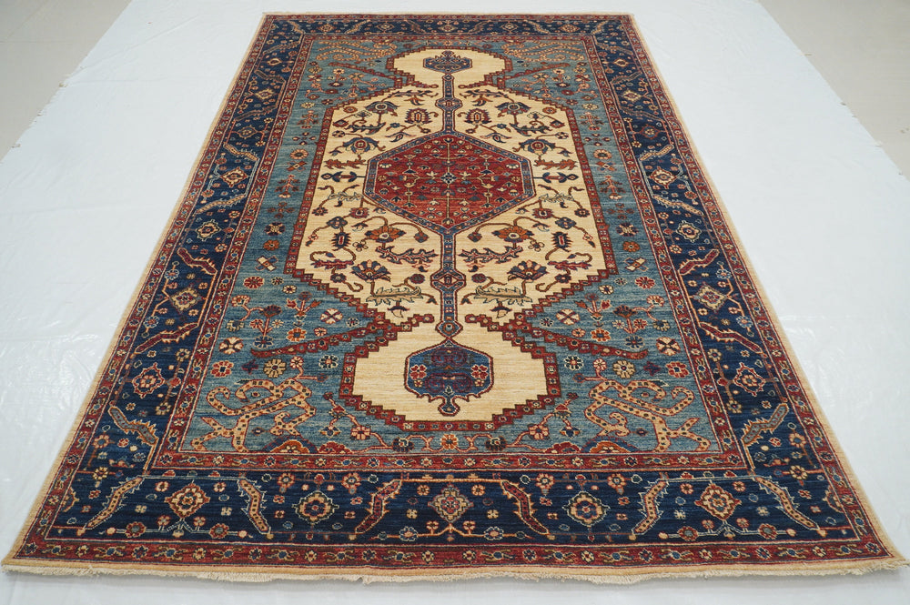 6x9 Beige Blue Serapi Area Rug - Afghan Hand Knotted Wool Oriental Medallion Rug - Bedroom rug - Rugs for Living room - 6'x8'10" - Yildiz Rugs