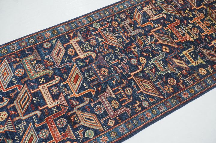 10 ft Navy Blue Gabbeh Animal Qashqai Afghan Hand knotted Runner Rug